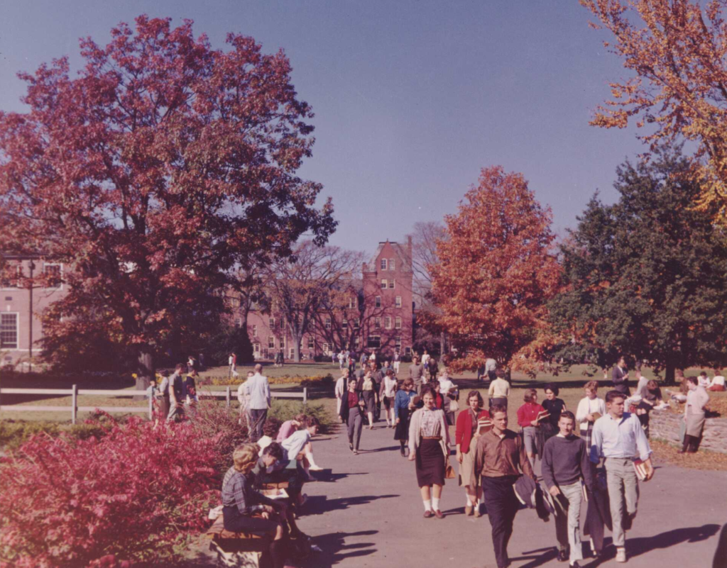 Students walking to classes on a fall day in the 1960s