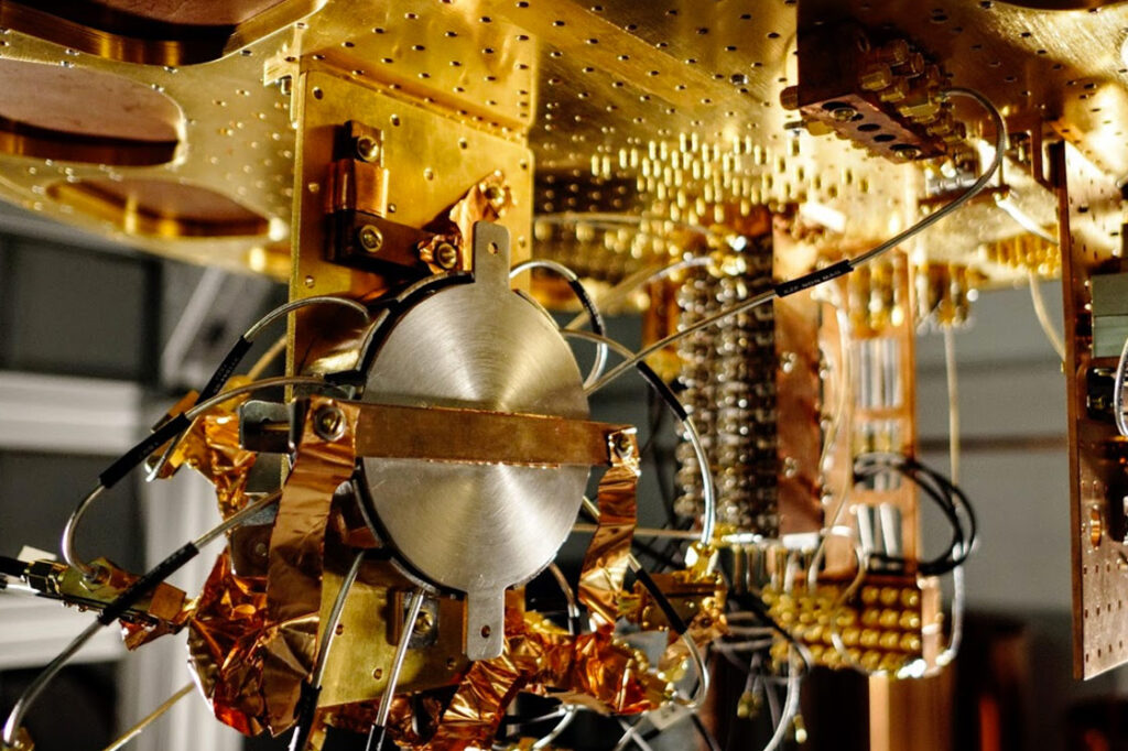 Close up of part of a quantum computer "chandelier"